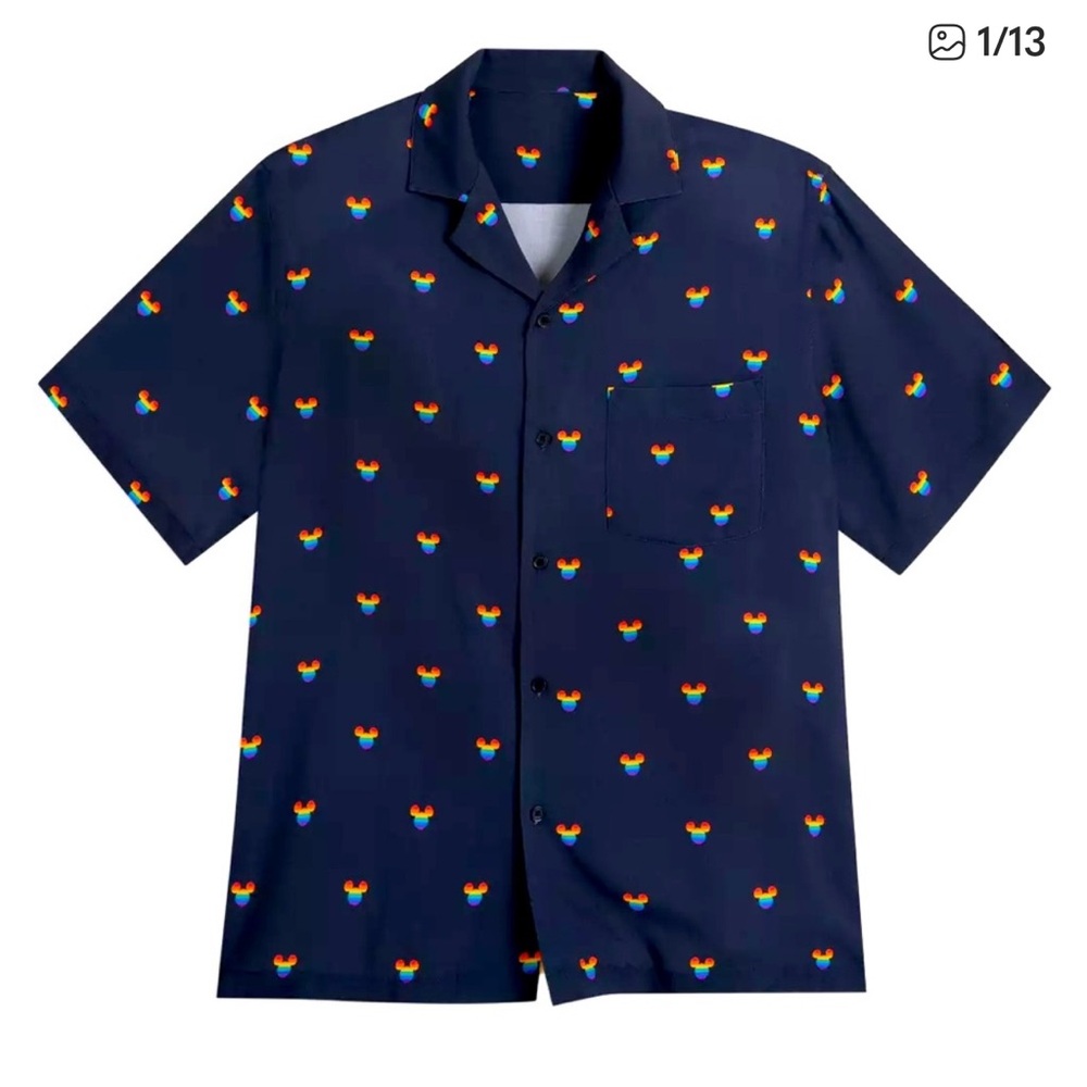 Disney Pride Collection Mickey Mouse Rainbow and Navy Button Up Shirt, Large